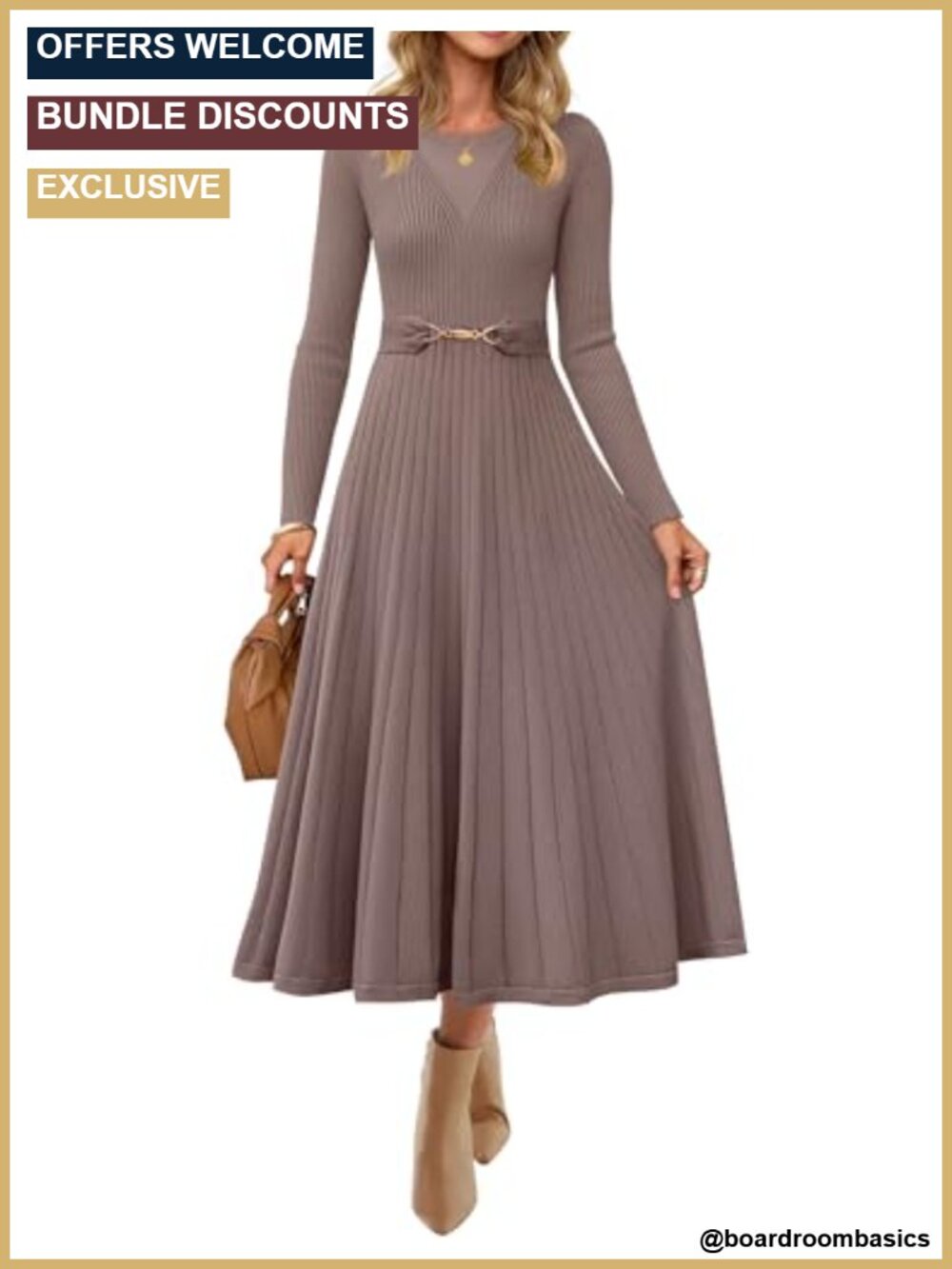 Pleated Midi Sweater Dress Long Sleeve Crew Neck Belted Knit